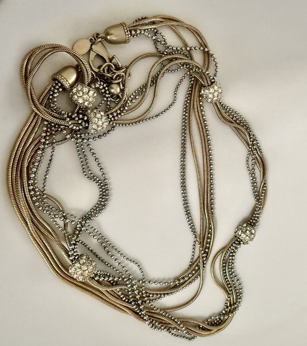 CHICO'S MULTI STRAND NECKLACE Silver And Gold Tone With Rhinestones 36”+
